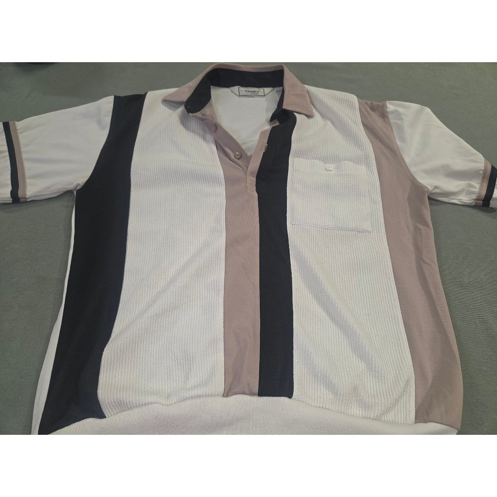 Classics by Palm Island Mens Colorblock Polo Shirt White Tan Black XL Vintage